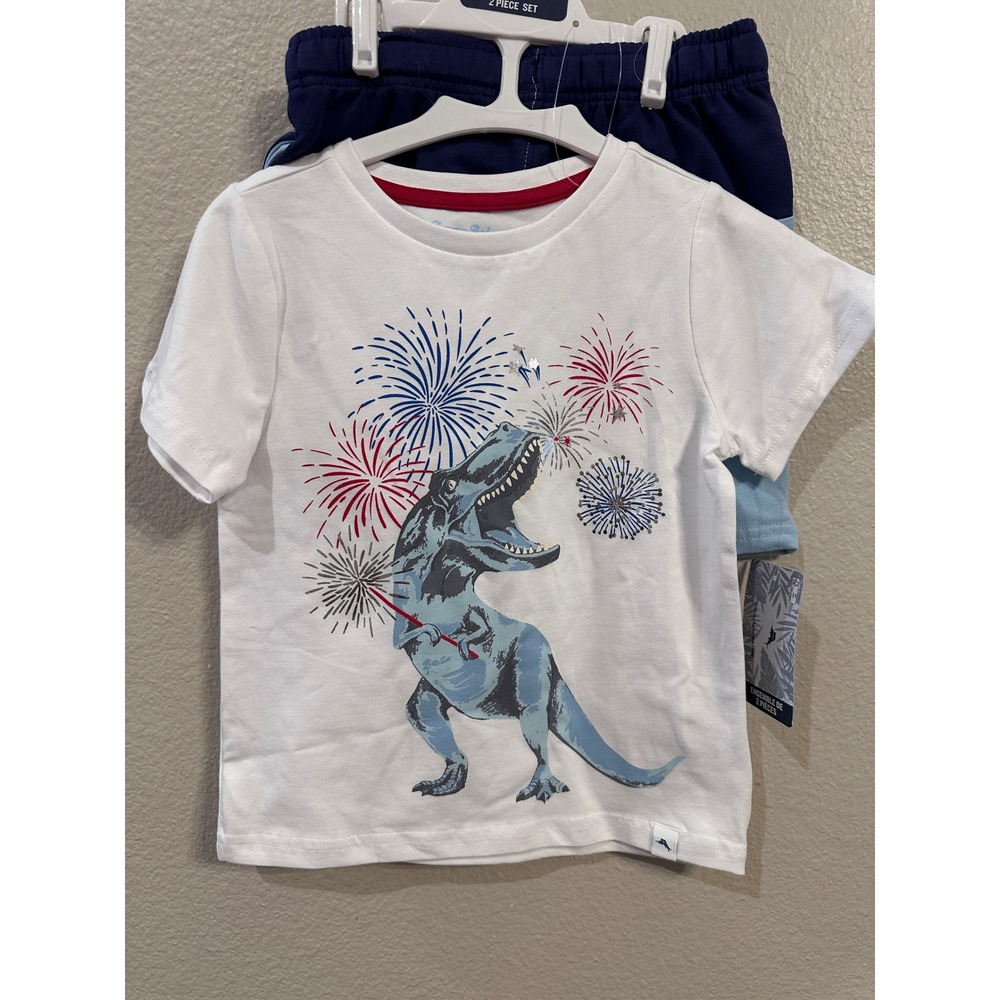 Tommy Bahama Boys 4T Blue Shorts Set White Dinosaur Fireworks‎ Graphic Outfit